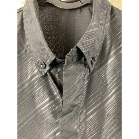 Ge Shan Pin Yue Mens Large Button Down Sleek Polyester Black Angled Stripe Shirt - Picture 3 of 9